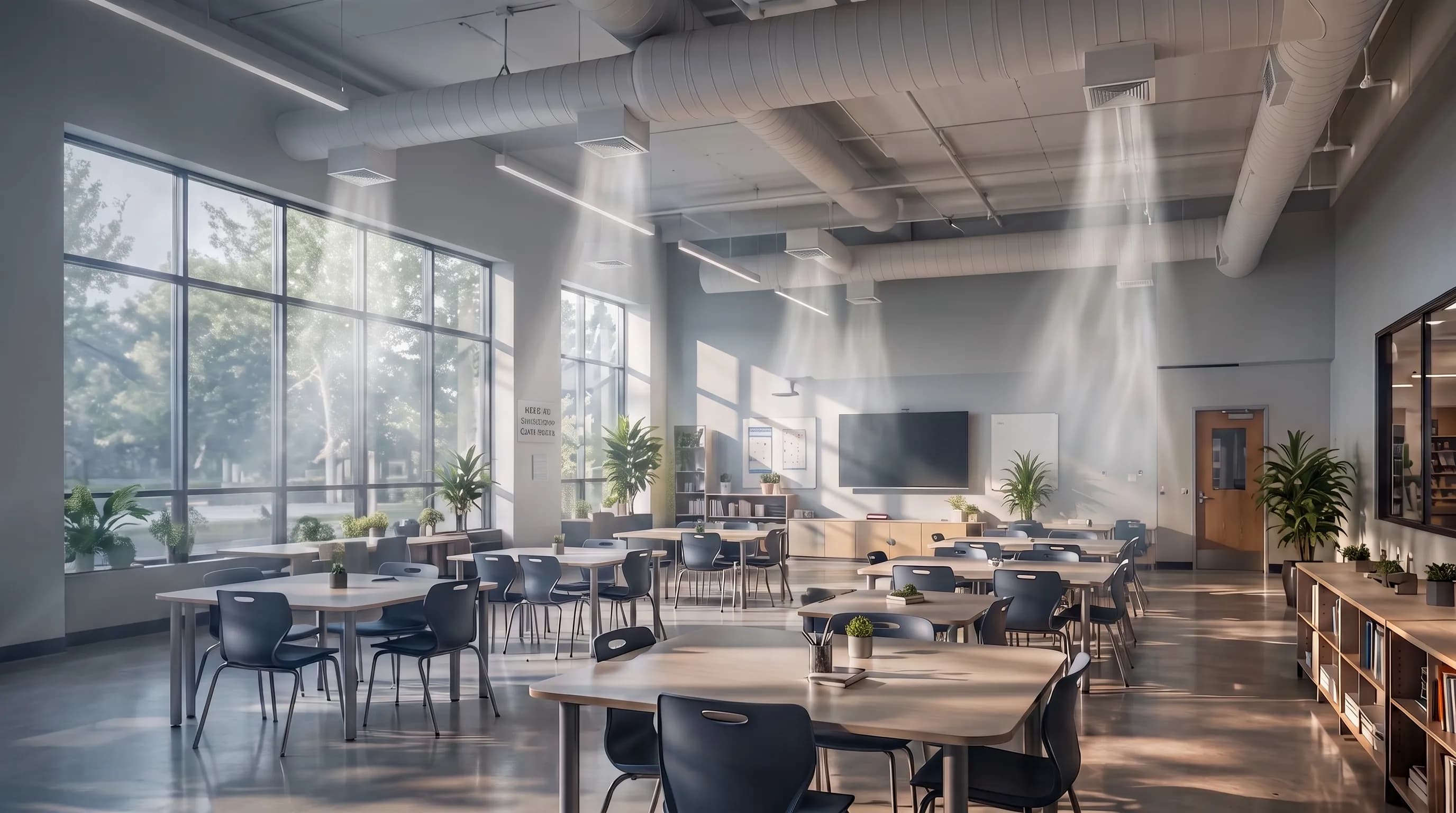 Occupied open-plan office with daylight across the floor