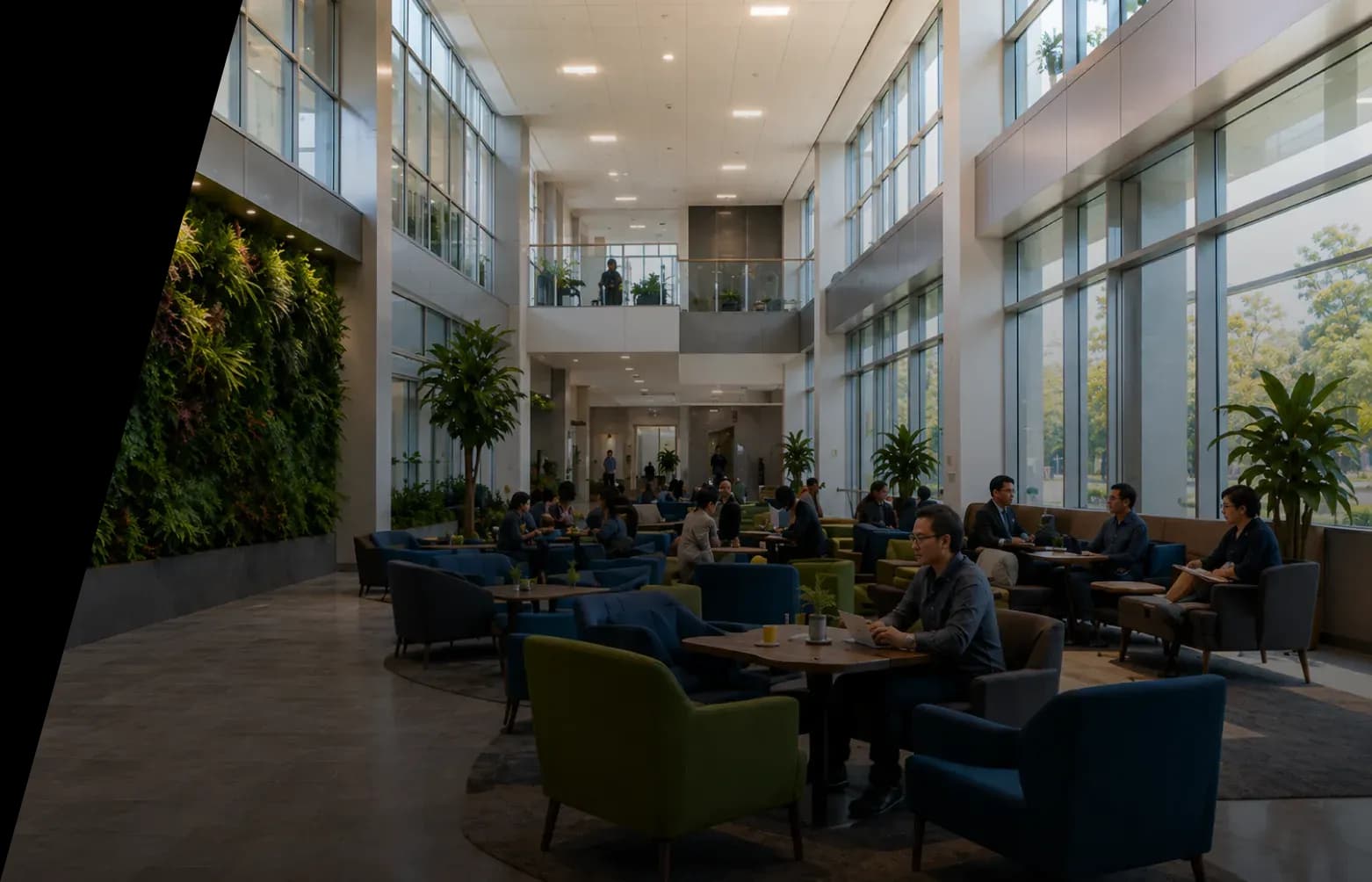 Daylit office atrium with planted green walls and seating