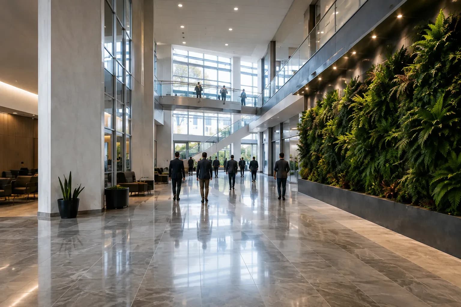 Building lobby with planted green walls and people walking through