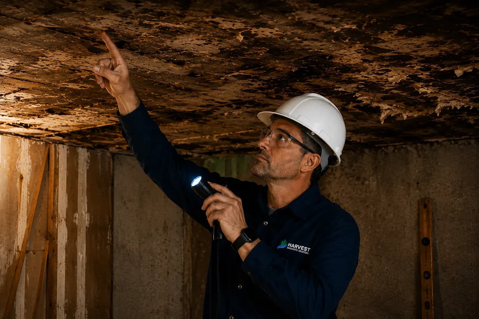 Harvest inspector pointing a flashlight into a roof cavity