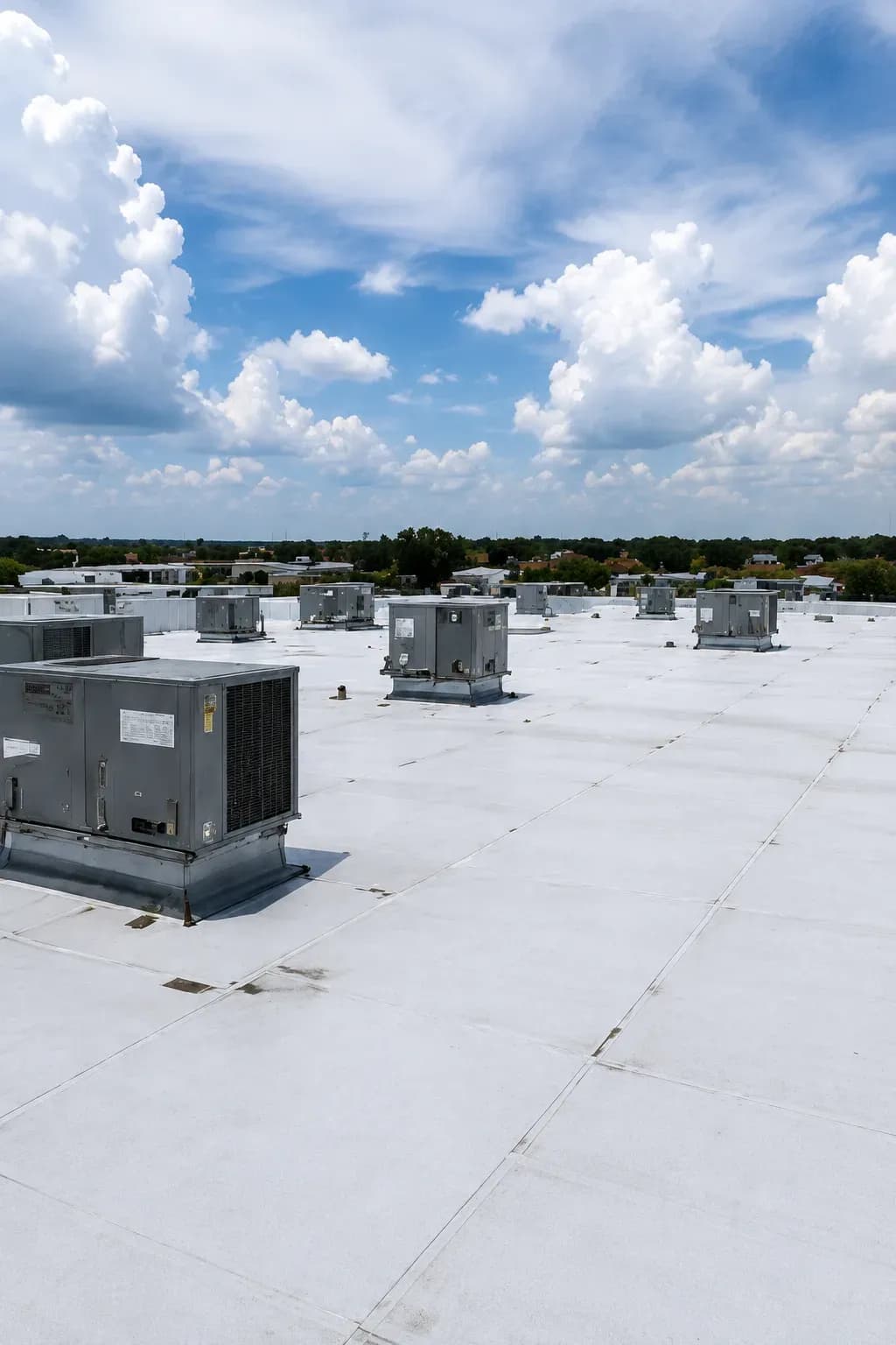 Rooftop units across a wide commercial roof