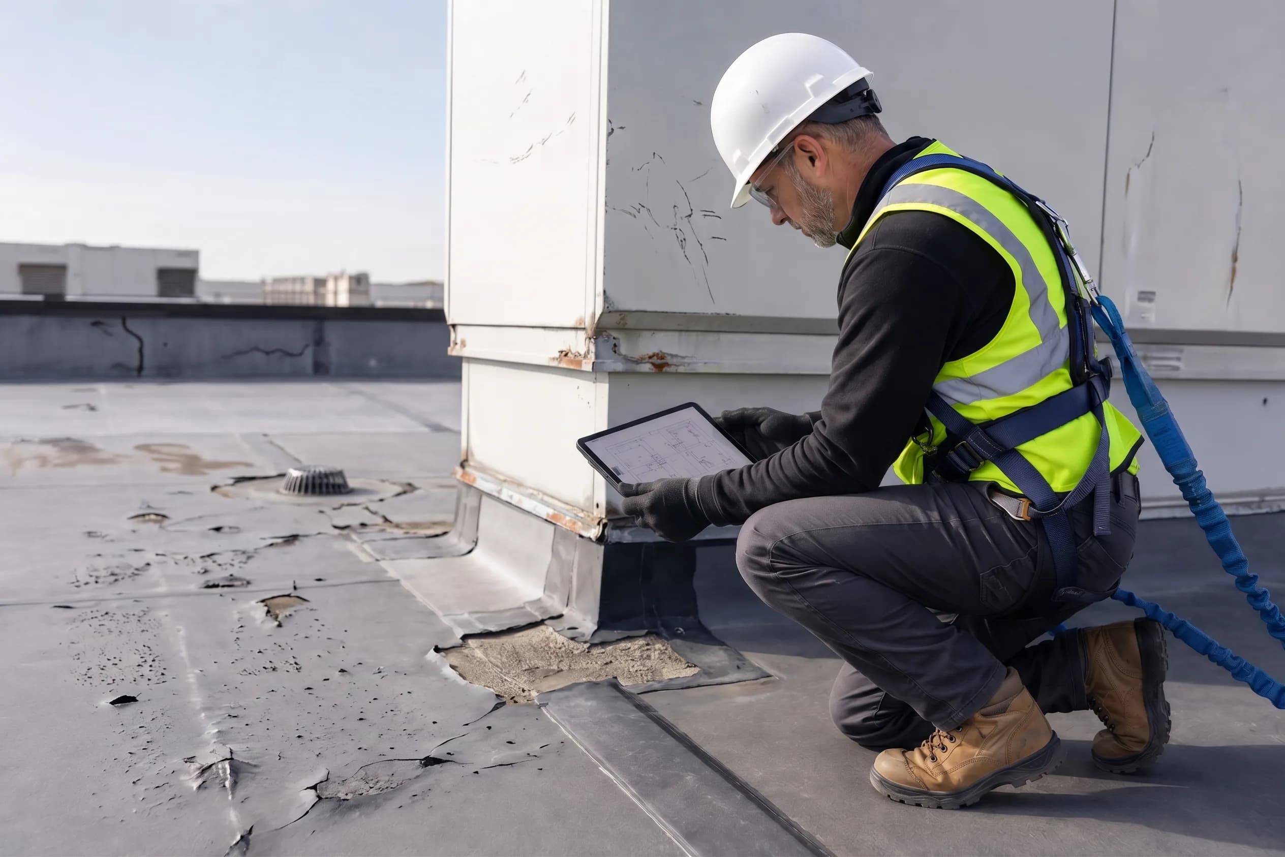 Two roofers inspecting rooftop equipment together