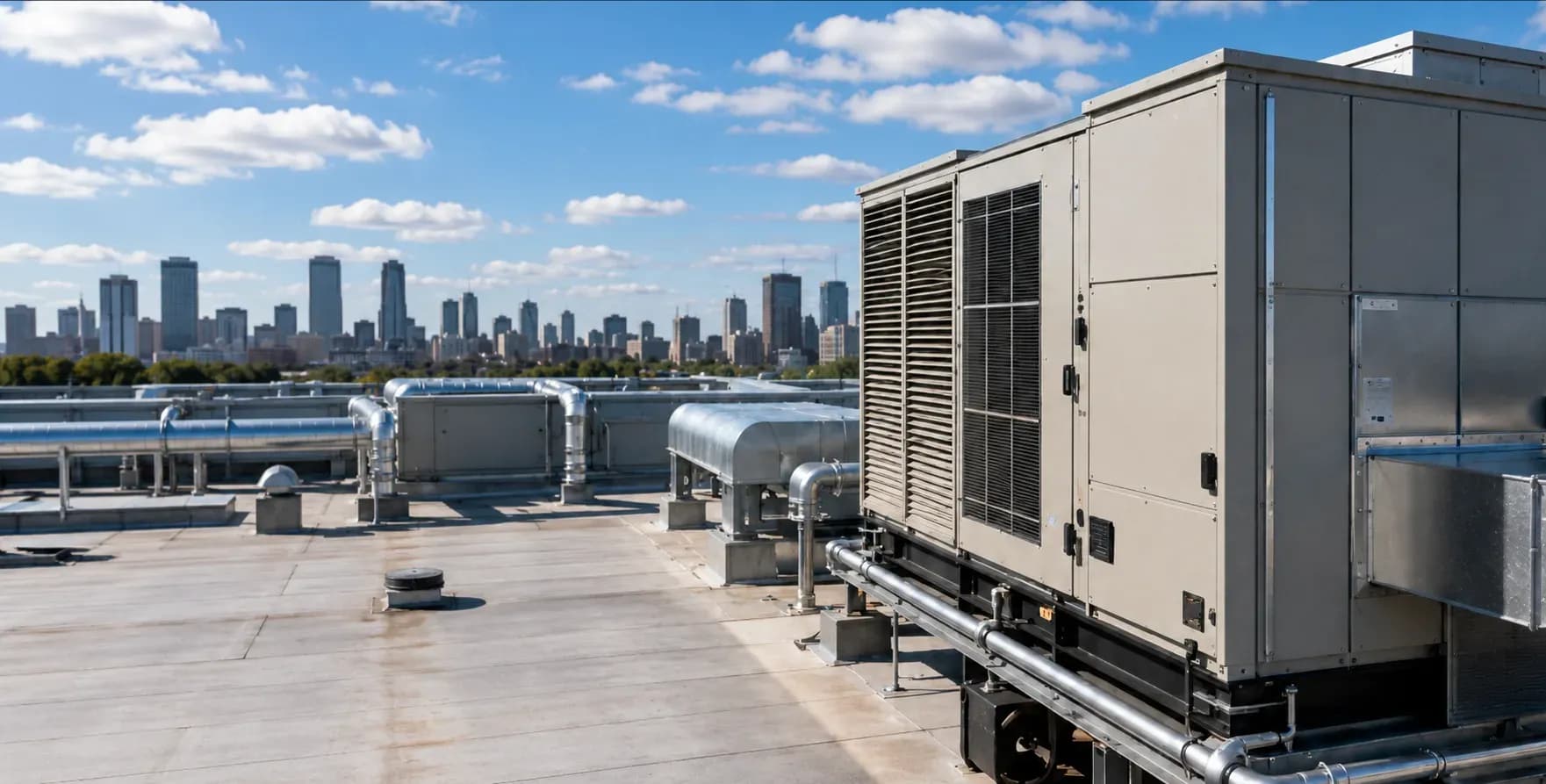 Rooftop air handling equipment on a commercial building
