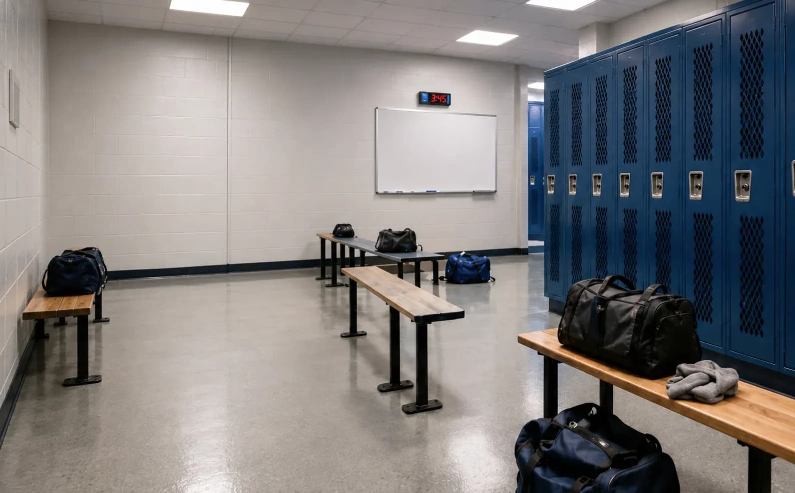 School locker room lined with lockers and benches