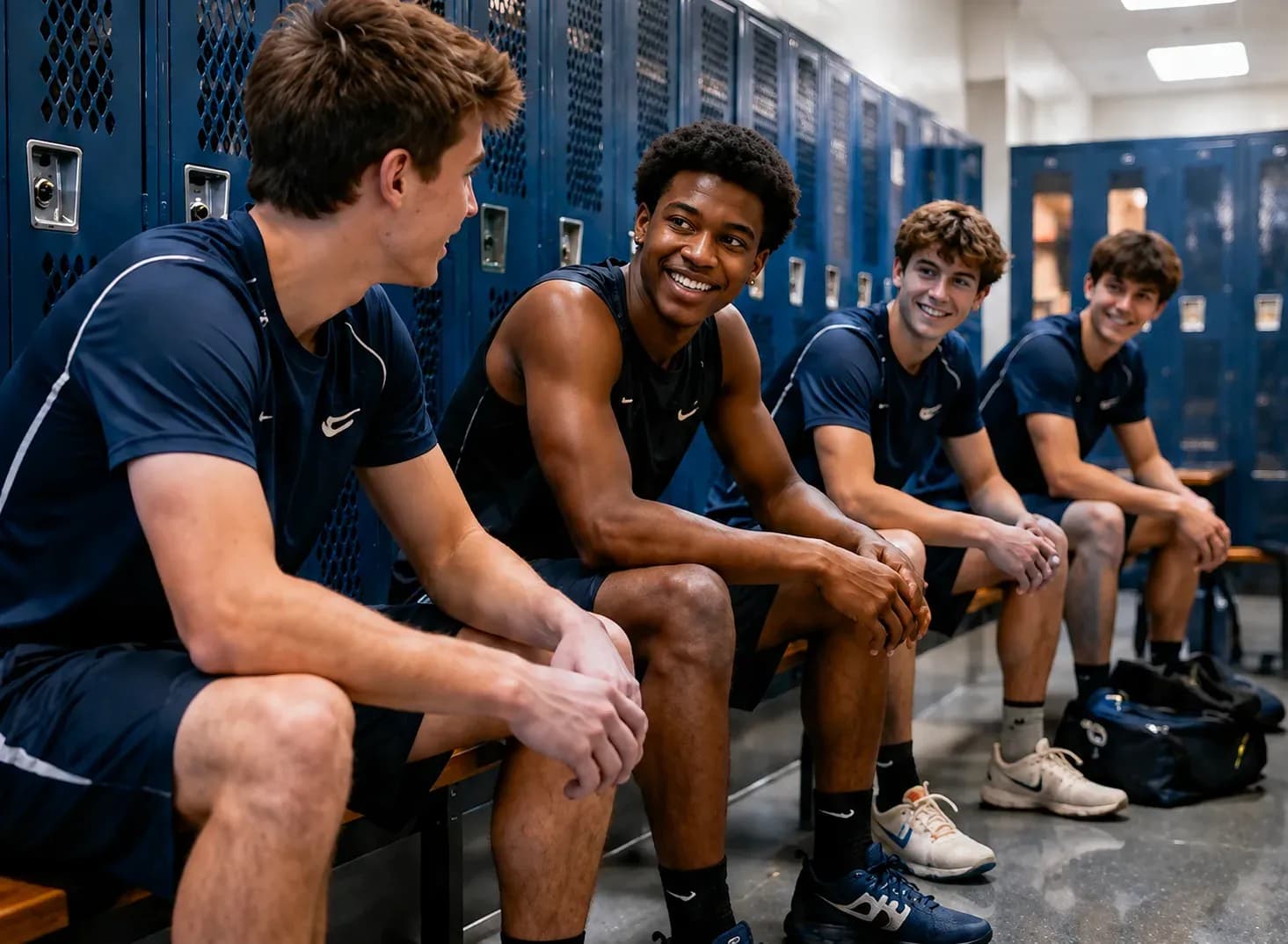 Fresh, empty locker room with the lights on