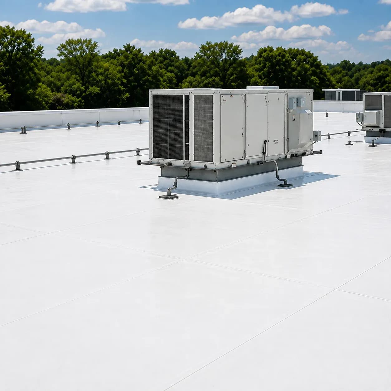 Crew coating a roof while the building stays in use