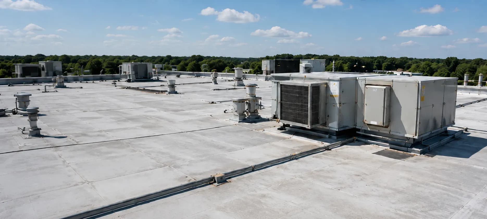 Rooftop units across a restored commercial roof