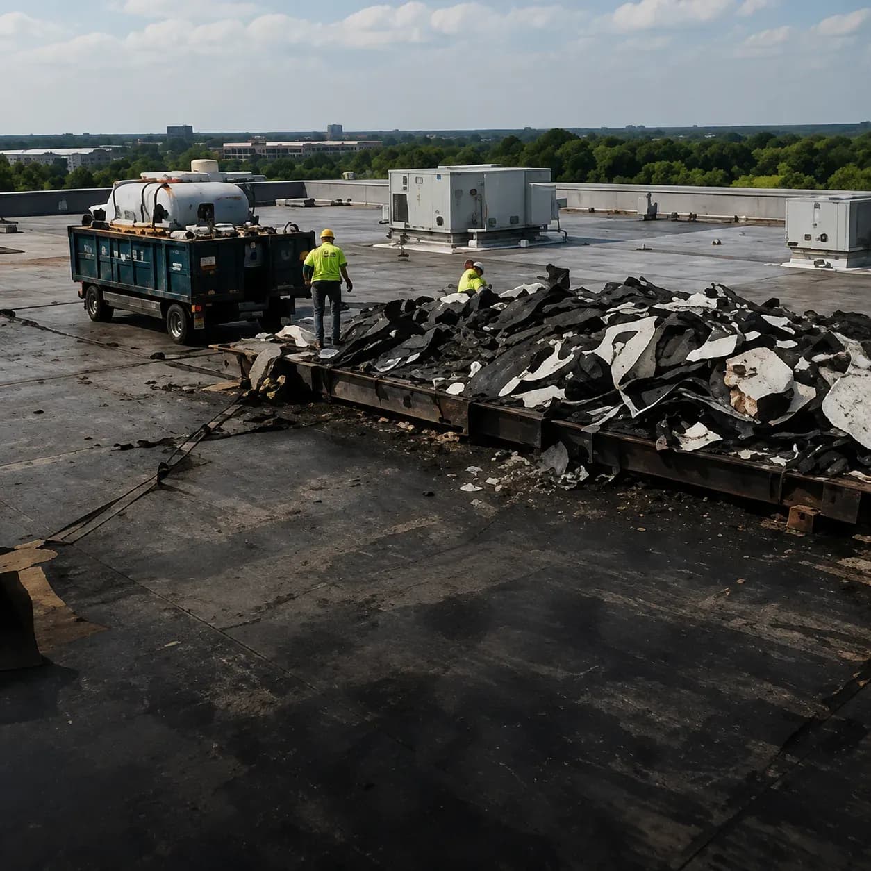 Demolition debris piled during a roof tear-off